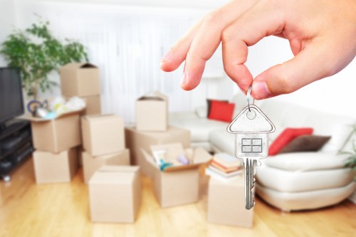 Local office storage planning with boxes, desks, and equipment in Westkensington